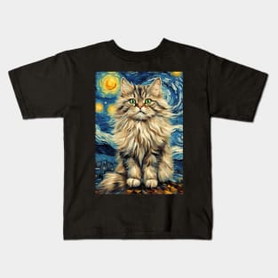 Siberian Cat Breed Painting in a Van Gogh Starry Night Art Style Kids T-Shirt